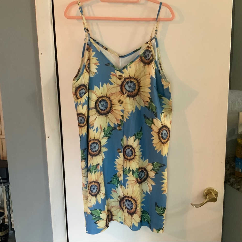 Floral Blue Sunflower Women's Shift Dress Swimsuit Cover Summer Sleeveless XL